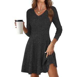 Women's Long Sleeve Ribbed Knit Short Dresses V Neck Swing Sweater Dress Black